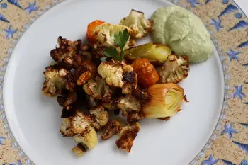 Roasted vegetables with thyme and green sauce