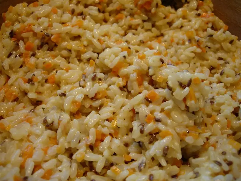 Creamy risotto with diced vegetables and flax seeds