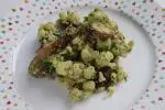 Cauliflower and purple eggplant with Greek pesto