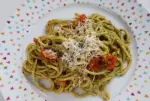 Spaghetti with tomatoes and pesto