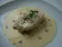 Fish steak with a fondue of shallots and creamy shallot sauce.