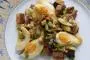 Steamed leeks, reduced cream, ham, hard-boiled eggs and fried croutons.
