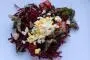 Shredded lettuce, grated beetroot, croutons, sardines and mimosa eggs.