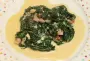 Creamy shallot bacon with cooked spinach.