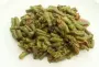 Quick-soaked green beans, pan-fried bacon bits, and pesto.