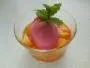 Peaches with mint and a scoop of blackcurrant sorbet.