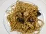Spaghetti with oven-cooked mushrooms, dressed with white wine and soy sauce.