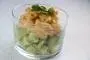 Avocado, lime and prawns in curry mayonnaise.